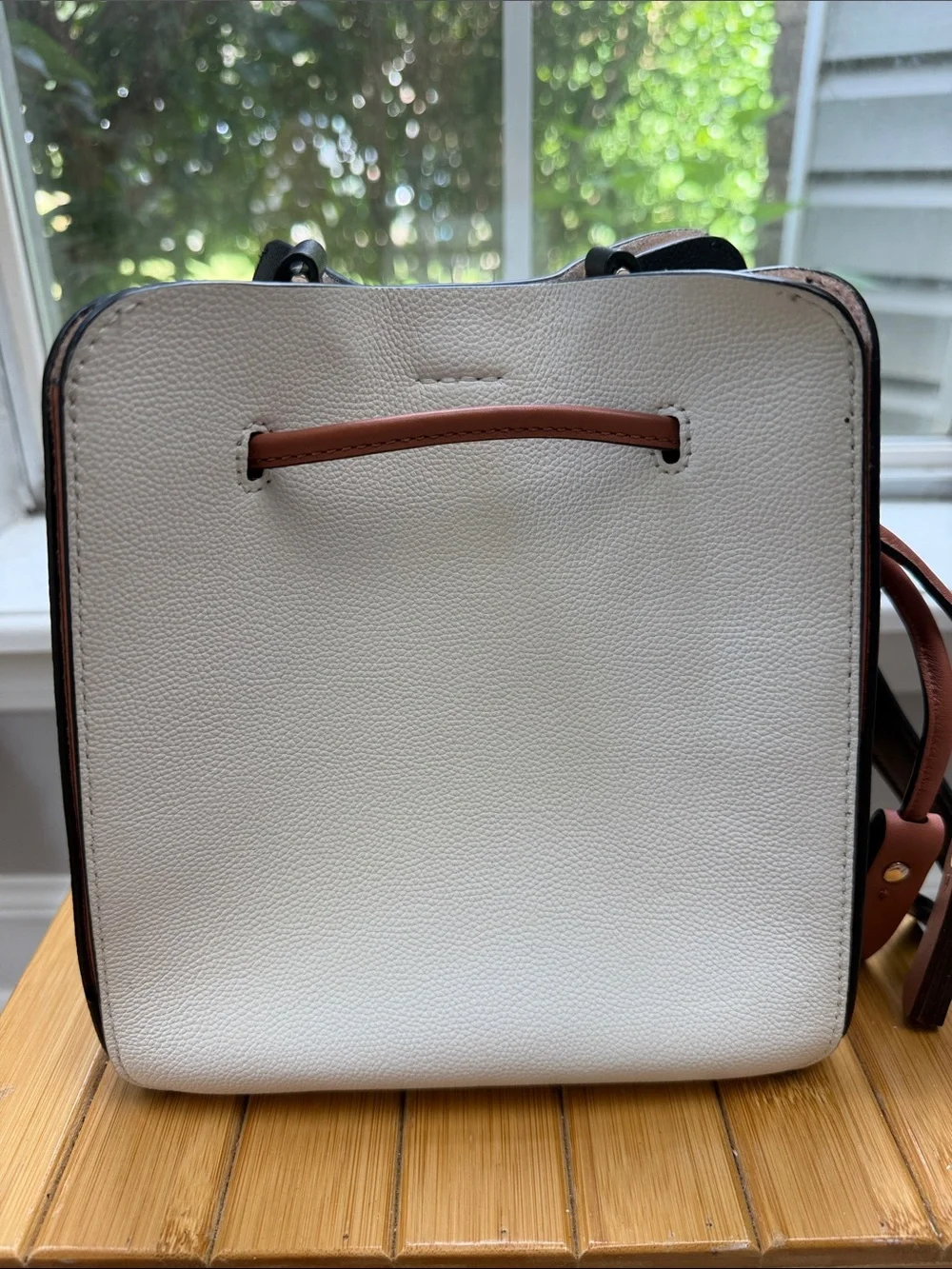 kate spade White Leather Bucket Crossbody with Tan Trim and Black Strap